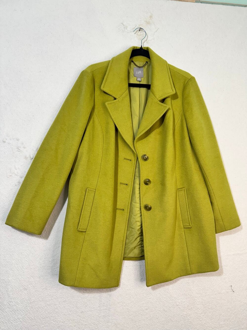 J. Jill Vibrant Chartreuse Wool Blend Pea Coat Women Petite Large Classic Jacket